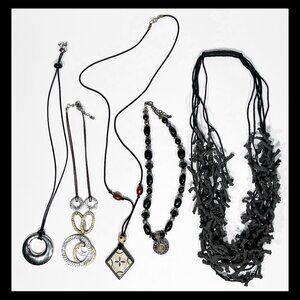 5PC MIXED LOT OF BLACK ROPE, CLOTH, BEAD, WOOD, SILVER & GOLD TONE NECKLACE SET